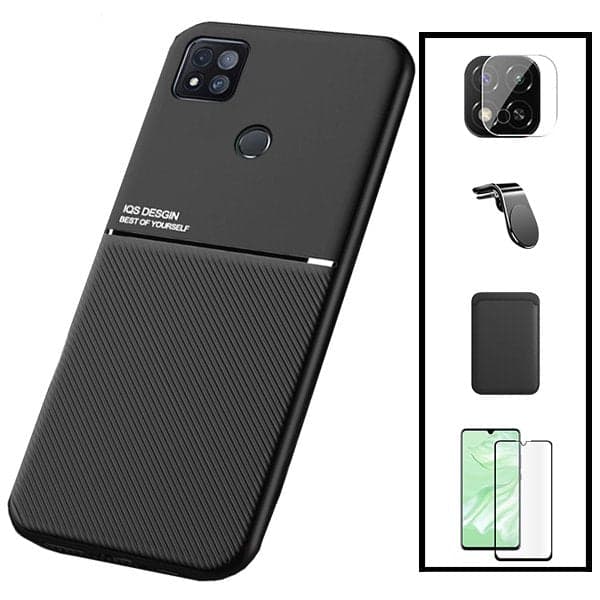 Kit Capa Magnetic Lux + Magnetic Wallet Preto + 5D Full Cover + Película de Câmara Traseira + Suporte Magnético L Safe Driving para Xiaomi Redmi 9 Activ