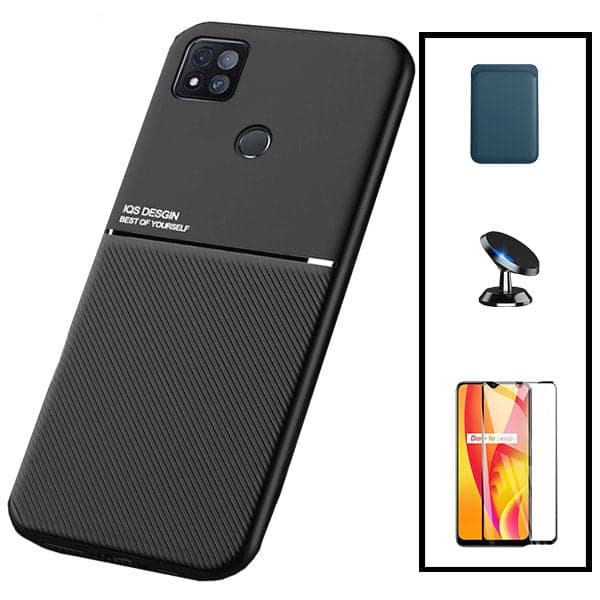 Kit Capa Magnetic Lux + Magnetic Wallet Azul + 5D Full Cover + Película de Câmara Traseira + Suporte Magnético L Safe Driving para Xiaomi Redmi 9 Activ
