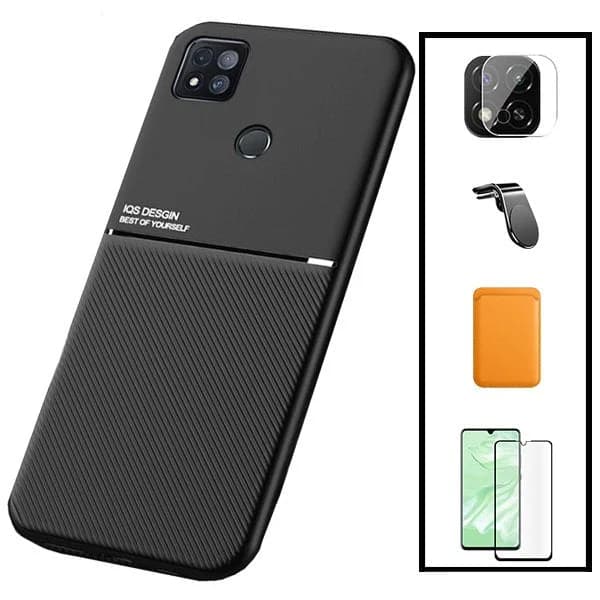 Kit Capa Magnetic Lux + Magnetic Wallet Laranja + 5D Full Cover + Película de Câmara Traseira + Suporte Magnético L Safe Driving para Xiaomi Redmi 9 Activ