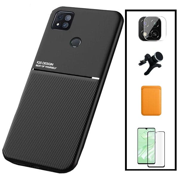 Kit Capa Magnetic Lux + Magnetic Wallet Laranja + 5D Full Cover + Película de Câmara Traseira + Suporte Magnético de Carro Reforçado para Xiaomi Redmi 9 Activ