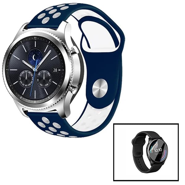 Kit Bracelete SportyStyle + Película de Hydrogel para Amazfit GTR 3 - 47mm - Azul Escuro / Branco