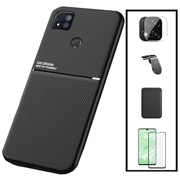 Kit Capa Magnetic Lux + Magnetic Wallet Preto + 5D Full Cover + Película de Câmara Traseira + Suporte Magnético L Safe Driving para Xiaomi Poco C31