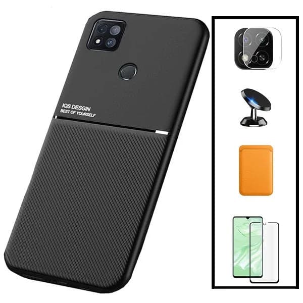 Kit Capa Magnetic Lux + Magnetic Wallet Laranja + 5D Full Cover + Película de Câmara Traseira + Suporte Magnético de Carro para Xiaomi Poco C31