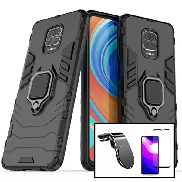 Kit Vidro Premium Full Cover + Capa 3X1 Military Defender + Suporte Magnético L Safe Driving Carro para Xiaomi Redmi Note 10 Lite