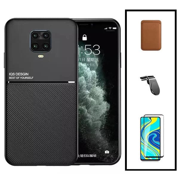 Kit Capa Magnetic Lux + Magnetic Wallet Castanho + 5D Full Cover + Suporte Magnético L Safe Driving para Xiaomi Redmi Note 10 Lite