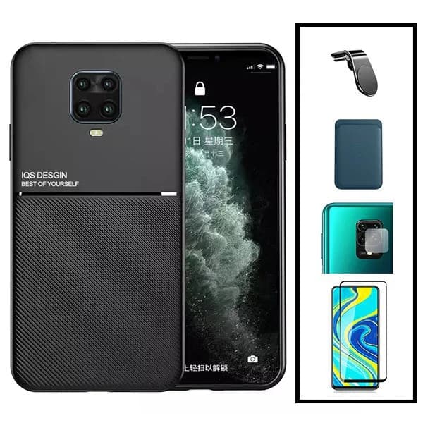 Kit Capa Magnetic Lux + Magnetic Wallet Azul + 5D Full Cover + Película de Câmara Traseira + Suporte Magnético L Safe Driving para Xiaomi Redmi Note 10 Lite