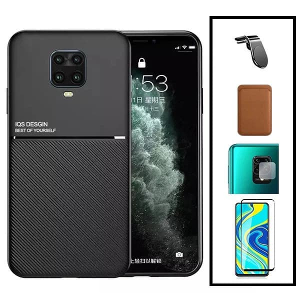 Kit Capa Magnetic Lux + Magnetic Wallet Castanho + 5D Full Cover + Película de Câmara Traseira + Suporte Magnético L Safe Driving para Xiaomi Redmi Note 10 Lite