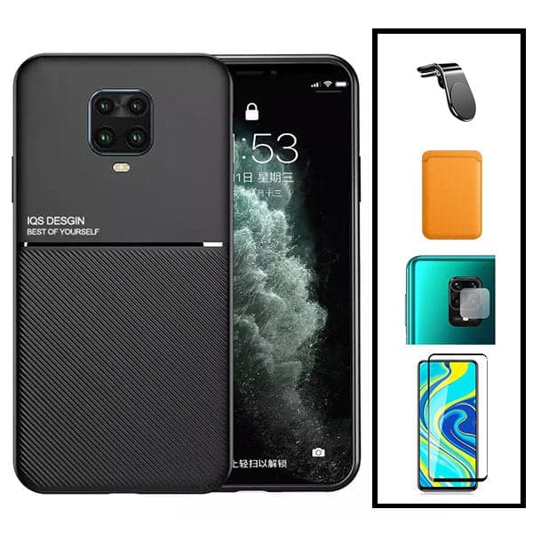Kit Capa Magnetic Lux + Magnetic Wallet Laranja + 5D Full Cover + Película de Câmara Traseira + Suporte Magnético L Safe Driving para Xiaomi Redmi Note 10 Lite