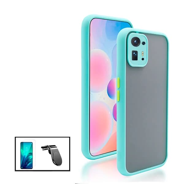 Kit Capa Anti Choque Camera Protection + Película 5D Full Cover + Suporte Magnético L Safe Driving Carro para Xiaomi Mix 4 - Azul Claro