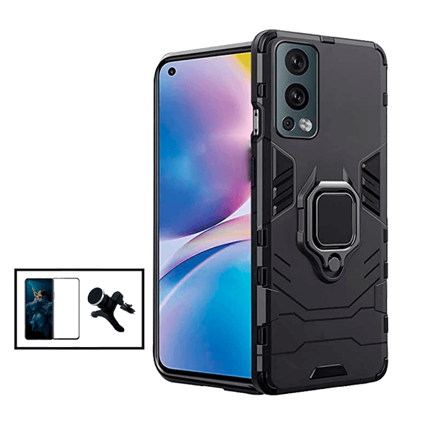 Kit Vidro Premium Full Cover + Capa 3X1 Military Defender + Suporte Magnético de Carro Reforçado para OnePlus Nord 2 5G