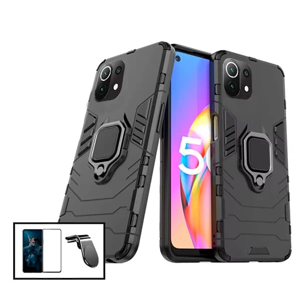 Kit Vidro Premium Full Cover + Capa 3X1 Military Defender + Suporte Magnético L Safe Driving Carro para Xiaomi Mi 11 Pro