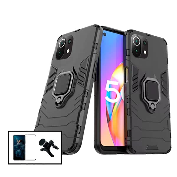 Kit Vidro Premium Full Cover + Capa 3X1 Military Defender + Suporte Magnético de Carro Reforçado para Xiaomi Mi 11 Pro