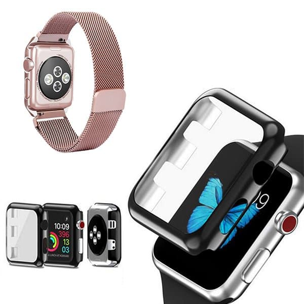 Kit Bracelete Milanese Loop Fecho Magnético + Capa Anti-Impacto para Apple Watch Series 7 - 45mm - Rosa
