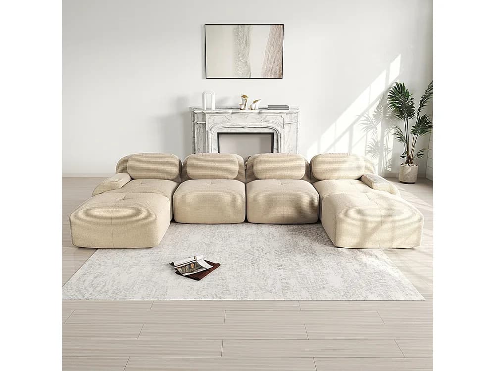 Sofá em U, veludo canelado respirável, enchimento de alta resiliência 32D, apoios de braços extra largos, design ergonómico, bege.