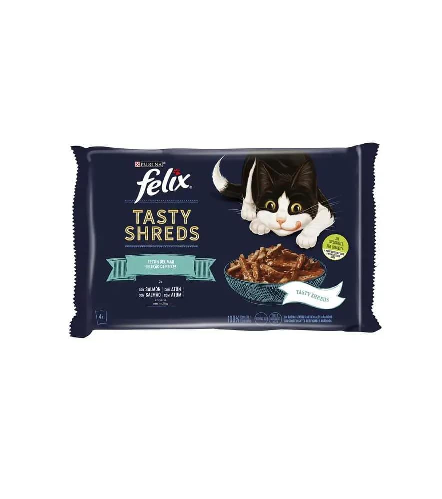 Ração Húmida Purina Felix Comida Húmida Tasty Shreds Salmão E Atum 4x80g