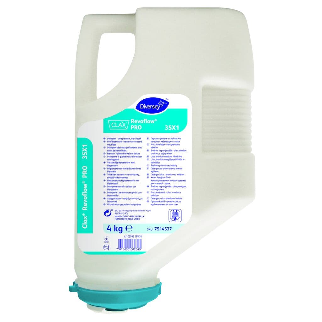 Diversey Clax Revoflow PRO – Detergente Profissional Concentrado com Branqueador para Lavandaria 4kg