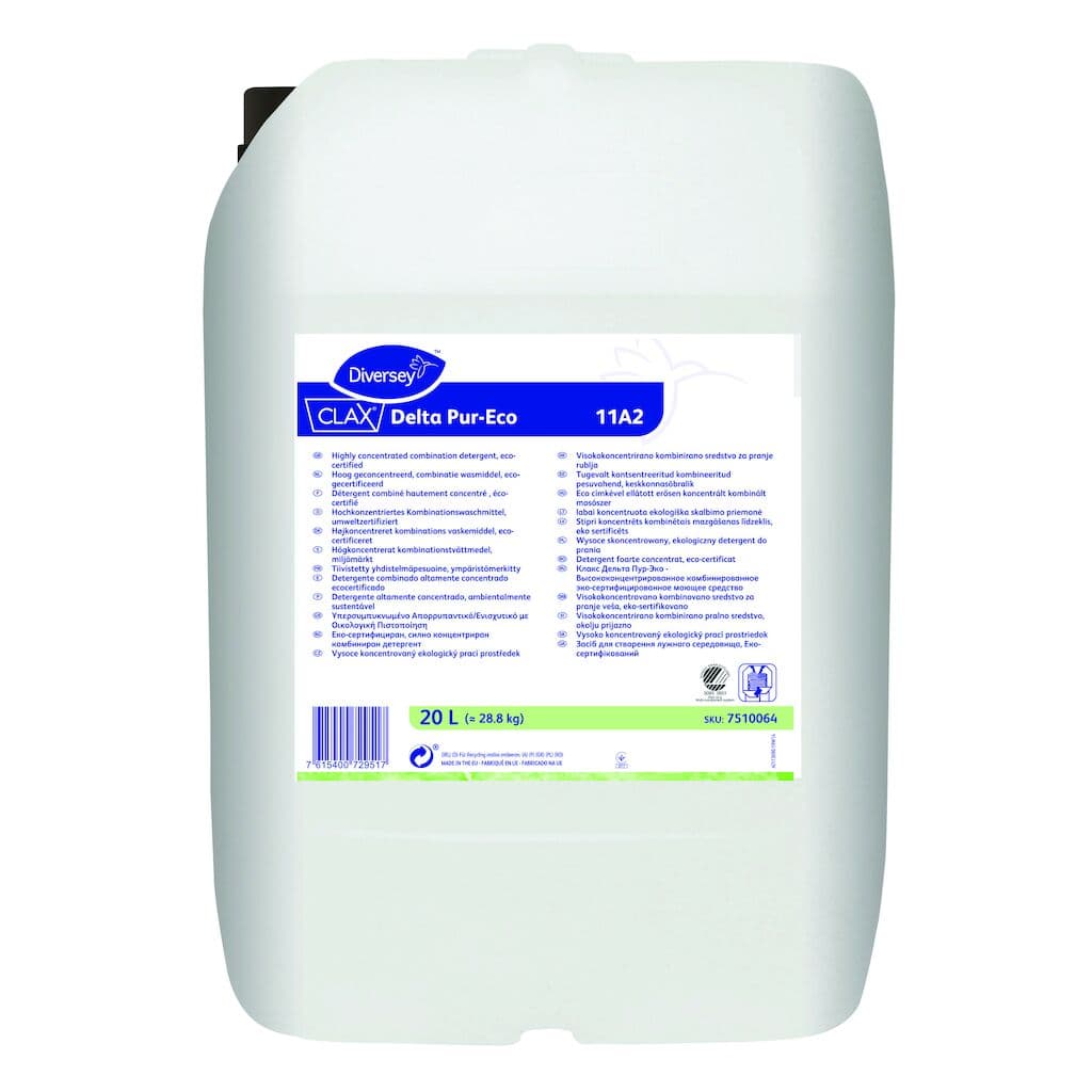 Diversey Clax Delta Pur-Eco 11A2 – Detergente Líquido Alcalino Concentrado para Lavandaria Profissional 20L