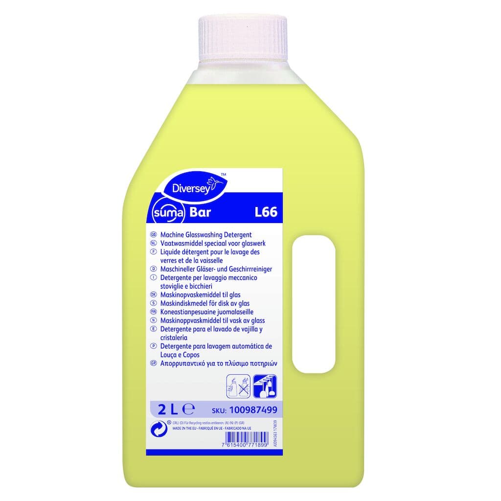 Diversey Suma Bar L66 – Detergente para Máquinas de Lavar Louça e Copos em Águas Duras 2L