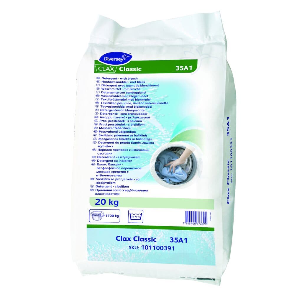Diversey Clax Classic 35A1 – Detergente em Pó sem Fosfatos para Lavagem Profissional de Roupa 20 kg