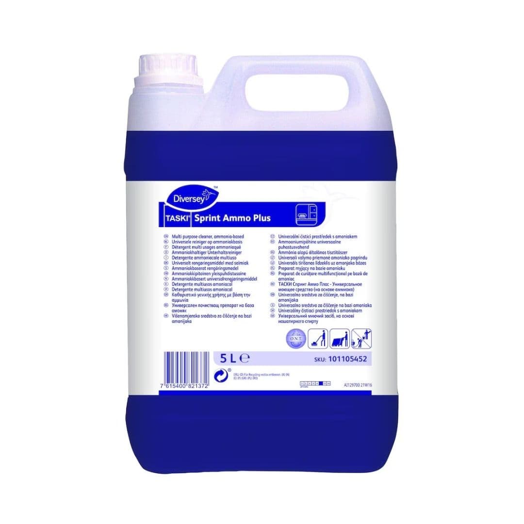 Diversey Taski Sprint Ammo Plus - Detergente multiusos amoniacal com tecnologia O.N.T. para pavimentos e paredes 5L