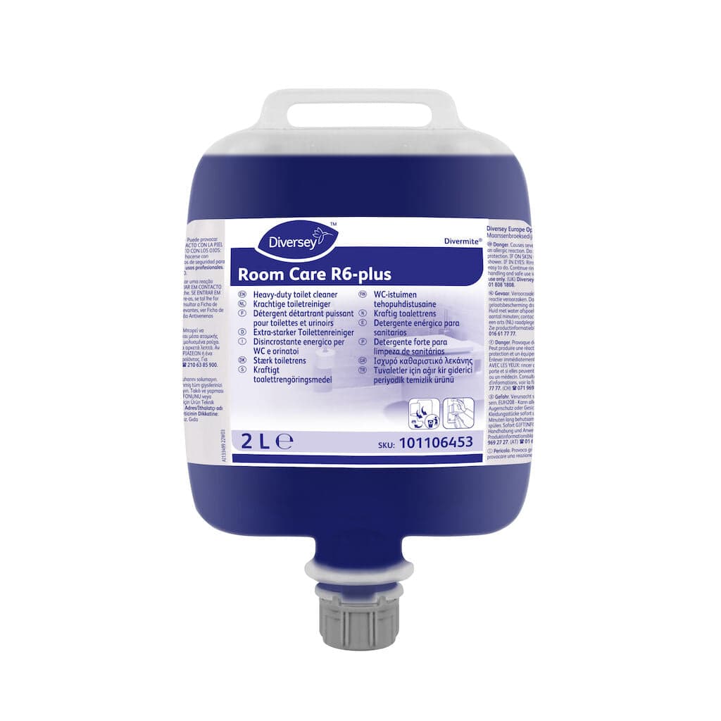 Diversey Room Care R6-plus – Detergente Concentrado para Sanitários e Urinóis com Calcário Incrustado 2L