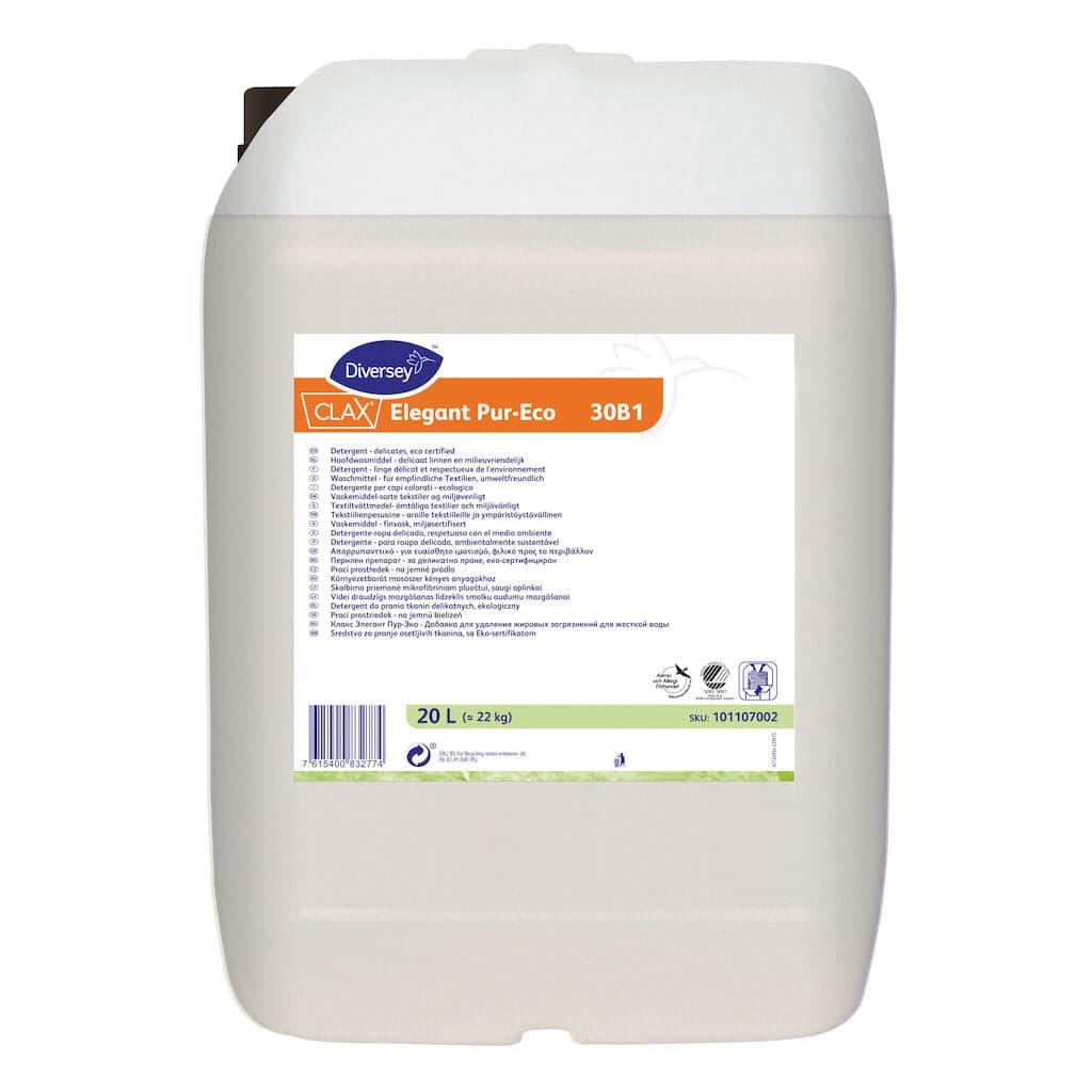 Diversey Clax Elegant Pur-Eco 30B1 – Detergente Enzimático Ecológico para Roupa Delicada e Colorida 20L