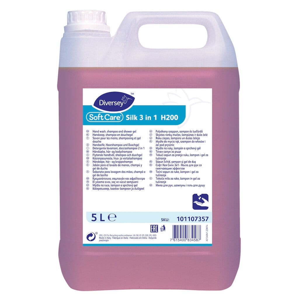 Diversey Soft Care Silk 3 in 1 H200 – Champô, Gel de Banho e Sabonete Líquido para Uso Frequente 5L