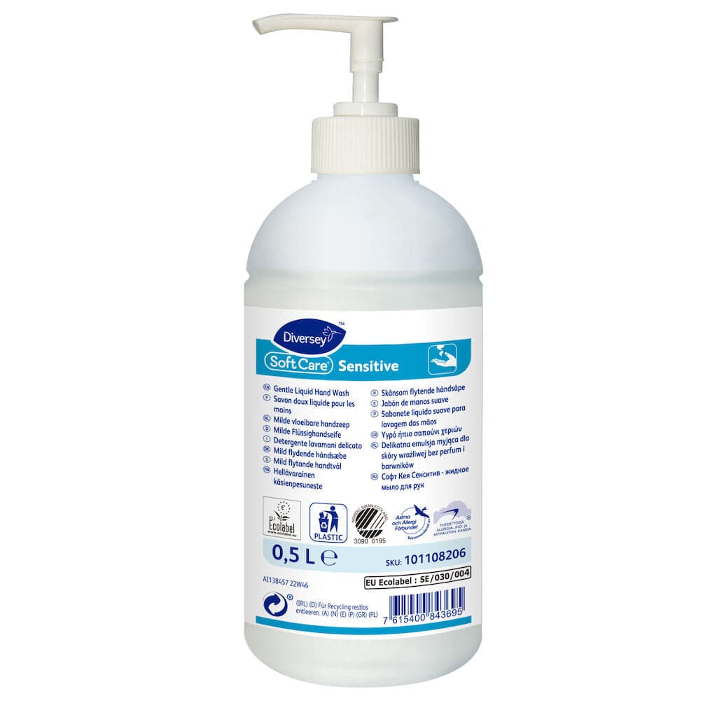 Diversey Soft Care Sensitive – Sabonete Líquido Suave para Mãos e Corpo sem Perfume 500ml