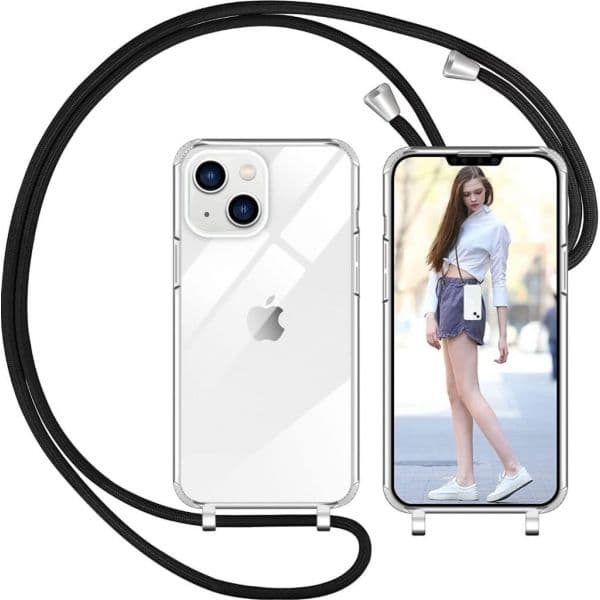 Capa iPhone 14 Plus Silicone Transparente Cordão Preto