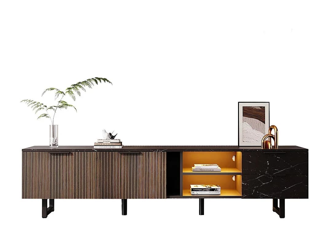 Móvel de TV com duas portas e duas gavetas, iluminação LED ajustável, efeito mármore preto, portas de madeira escura, 200x38x50 cm, Preto e veios de madeira