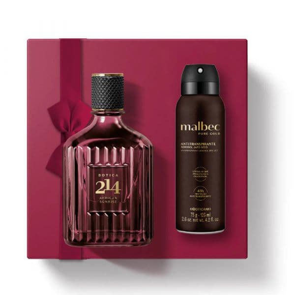 O Boticário Dia do Amor Botica 214 Gold African Sunrise Eau de Parfum 90ml + Desodorizante em Spray Malbec Gold 125ml Coffret