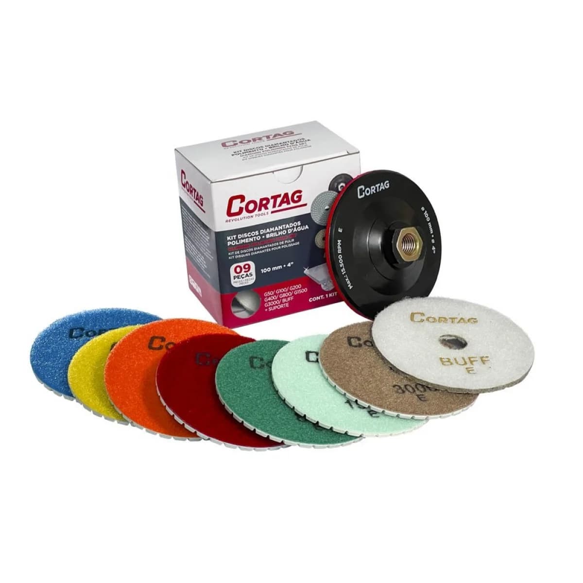 Kit Suporte + 8 Discos de Diamante 100mm p/ Polir Refª 62158 Cortag - C62158 - Ferramentaspro.pt