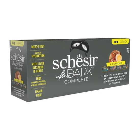 Ração Húmida Schesir After Dark Multipack Frango, Pato, Vaca e Ovo de Codorniz 960g 12x80g