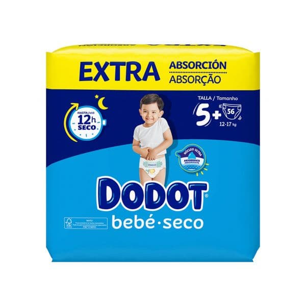 Fraldas Dodot Bebé Seco Extra T5+ (12-17kg) 56 unidades