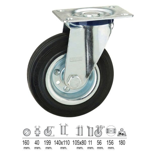 WOLFPACK Rueda Industrial Goma Negra Placa 160 mm. Af 11110059