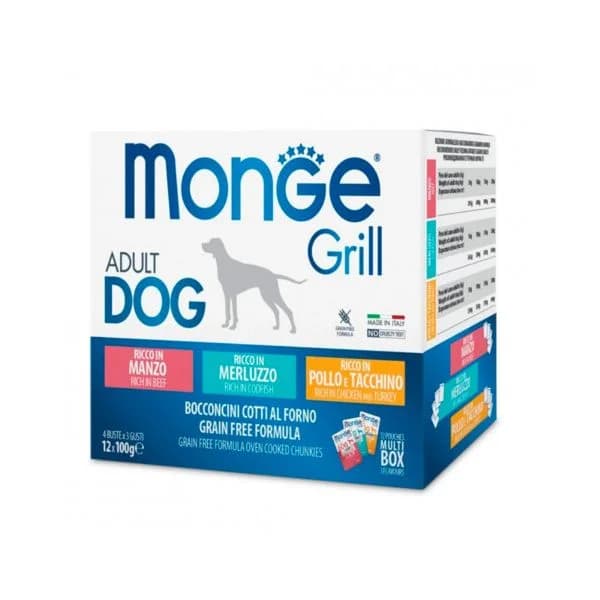Ração Húmida Monge Grill Multibox Frango Peru Vaca Bacalhau Cão Adulto 12x100g