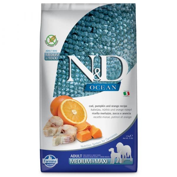 Farmina N&D Ocean Medium/maxi Bacalhau, Abóbora & Laranja 2,5Kg