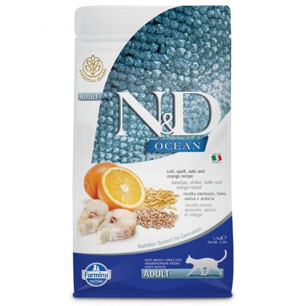Farmina N&D Ocean Adulto Bacalhau, Espelta, Aveia & Laranja 1,5Kg
