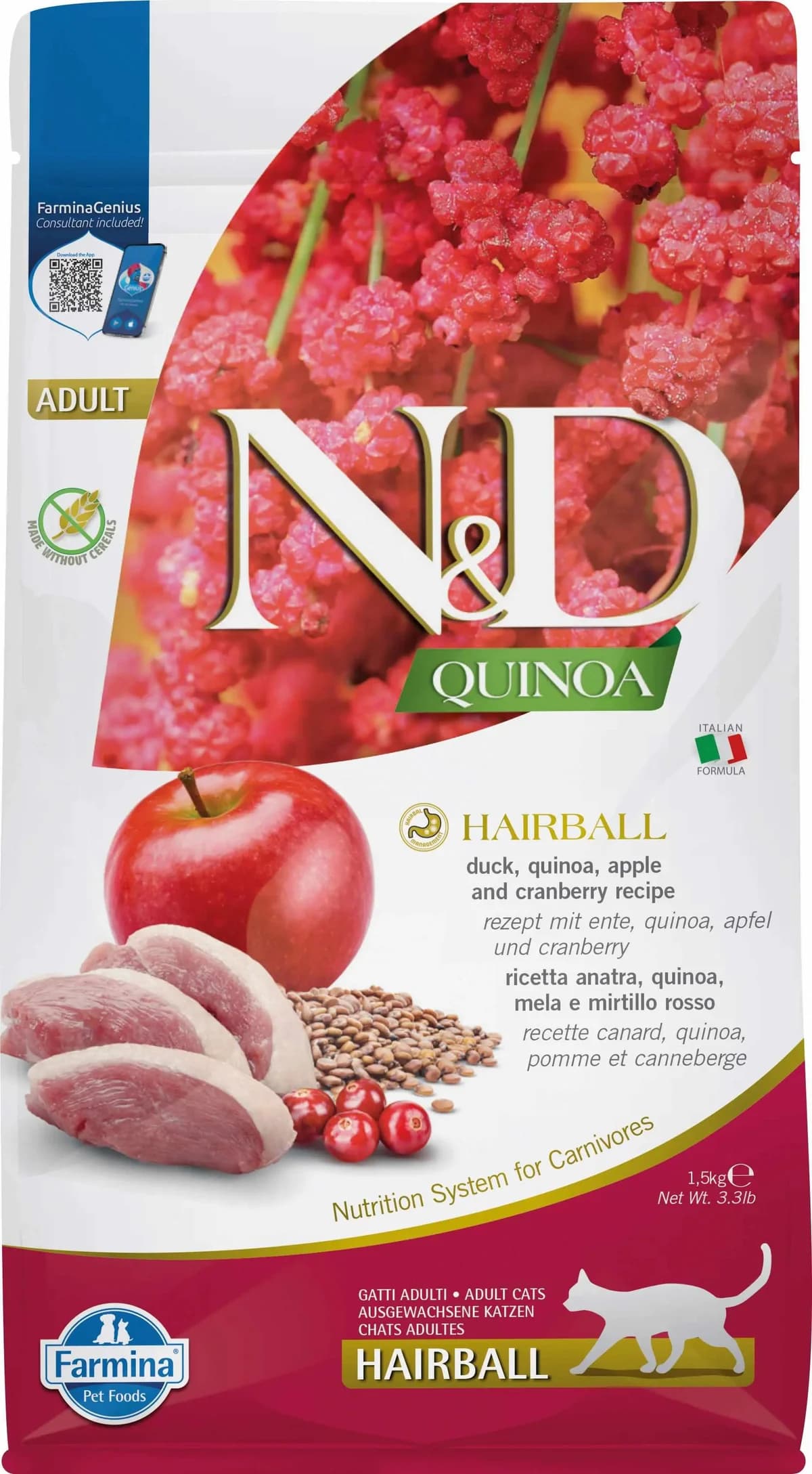 Farmina N&D Quinoa Hairball Gato Pato - Ração seca para gato para prevenção de bolas de pelo