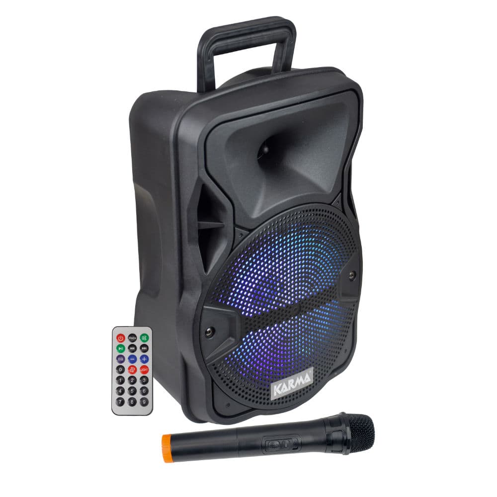 Coluna Portátil 8″ com USB, Rádio e Microfone sem fios