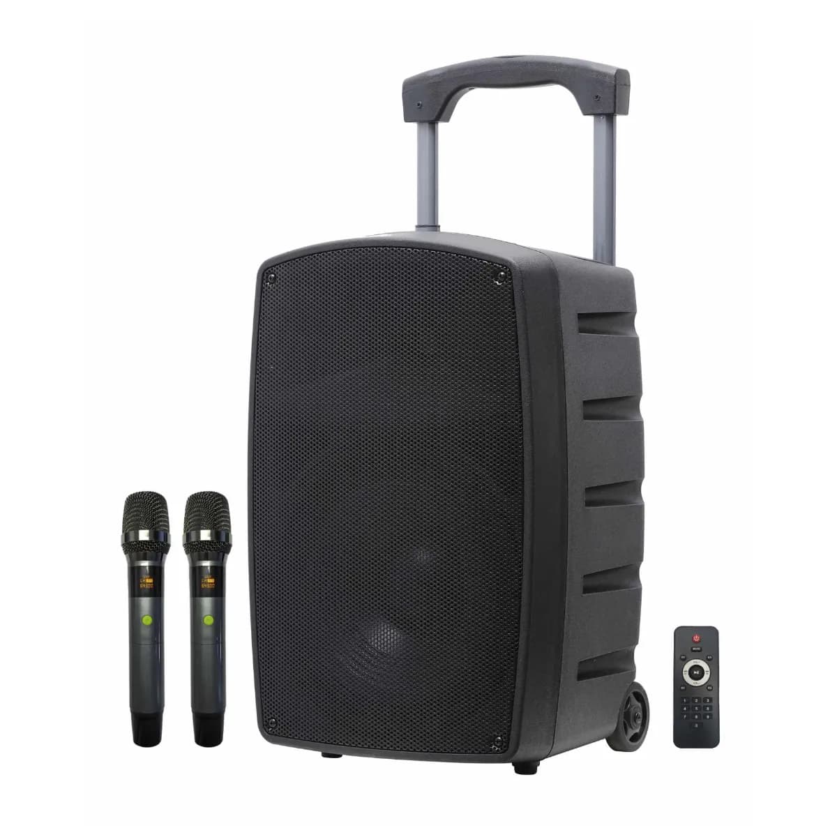 Coluna Portátil 12″ 120W USB/MP3/BT/LED + 2 Microfone VHF