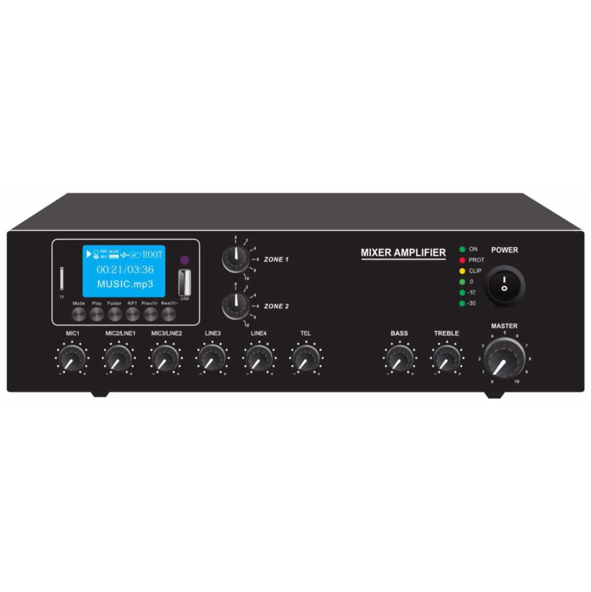 Amplificador Audio 100V 120W FM/USB/MP3 – 2 Zonas
