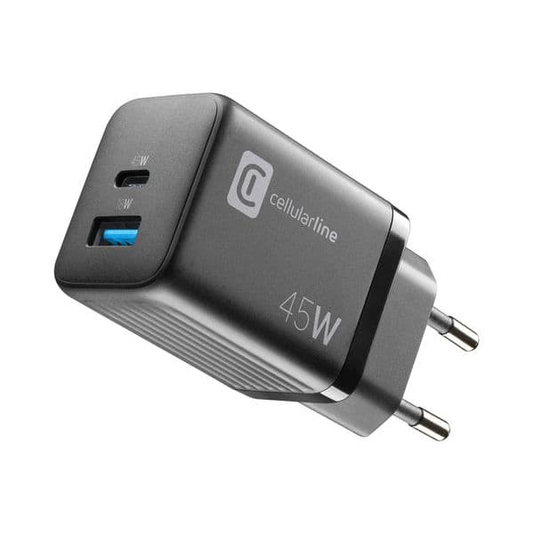 Carregador Cellularline Casa Multipower 1x USB-A + 1x USB-C 45W Preto - 40001685258315
