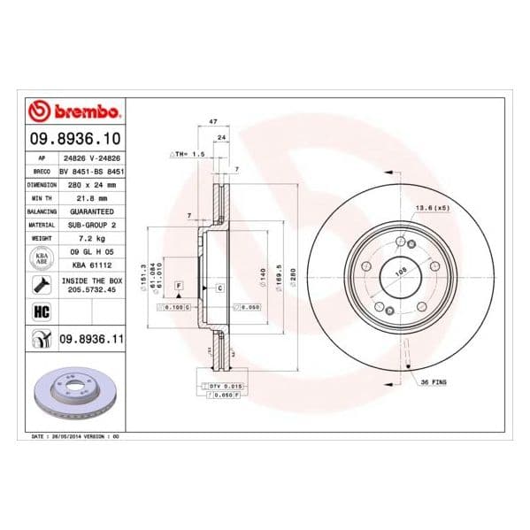 Brembo Disco de Travão - 09.8936.10
