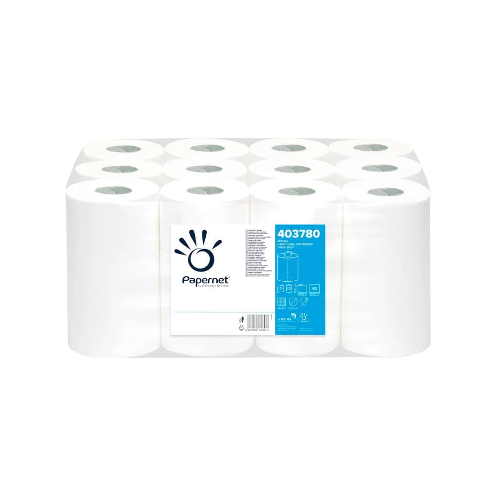 Papernet Rolo Toalhas Mão Extração Central 2 Folhas 0.57m x 21.4cm Branco 12 Rolos