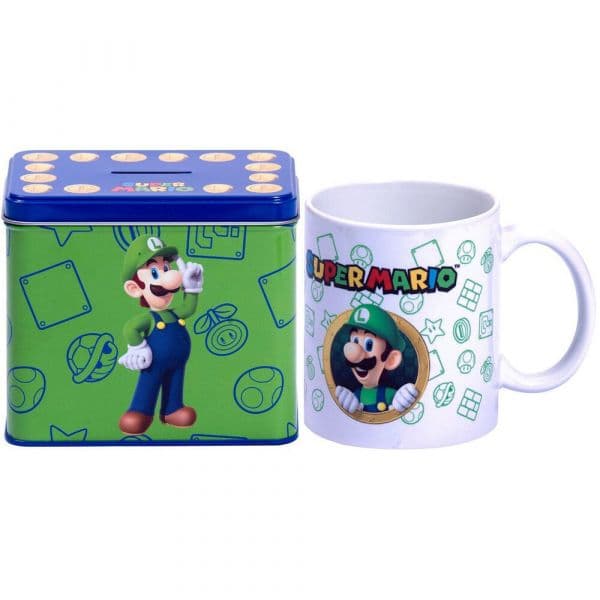 Nintendo Conjunto Caneca Cofrinho Luigi Cerâmica Metal Azul