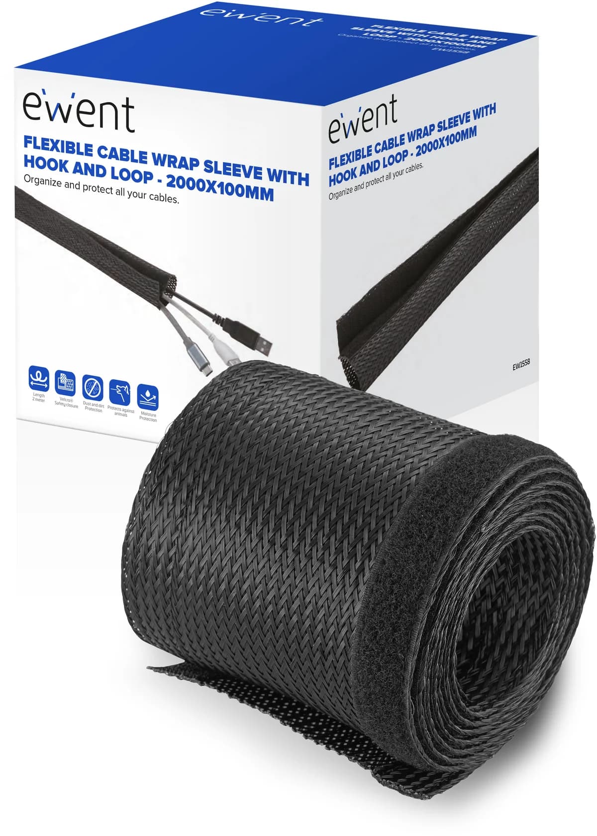 Manga Flexível Ewent EW1558 p/ Organizar Cabos com Fecho 2000x100mm Preta