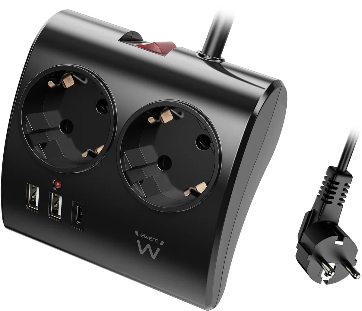Ewent Tomada de Mesa EW3871 2 Schuko 2 USB-A 1 USB-C Cabo 1.5m Preta