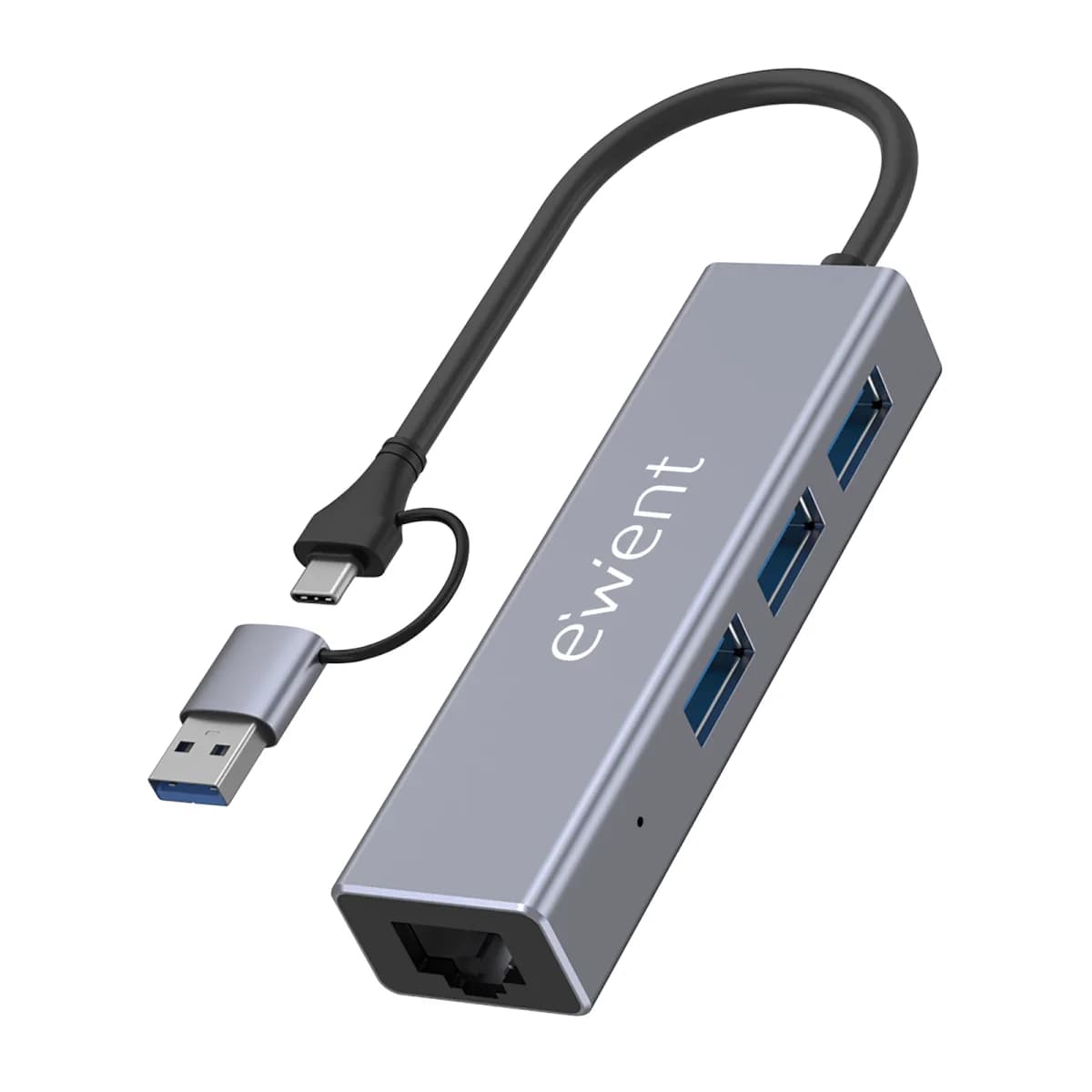 EWENT EW1159 Hub USB 3.2 Gen 1 Tipo-A + Tipo-C 3 Portas USB 1 Porta RJ45 Cinzento