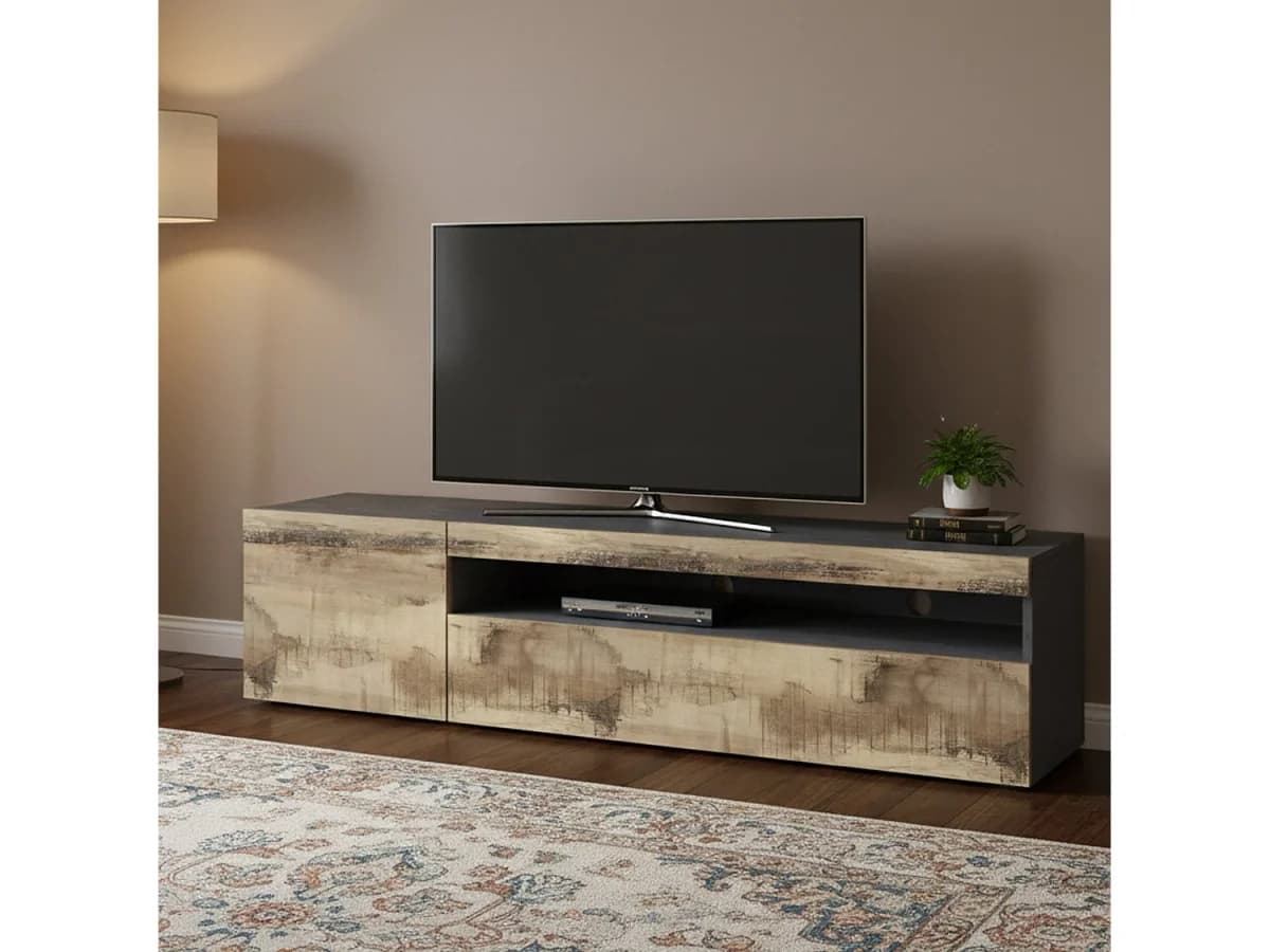 Móvel de TV Claudio, Aparador baixo de sala, Base de móvel de televisão, 100% Fabricado na Itália, 150x40h37 cm, Ardósia e Bordo, com luz LED
